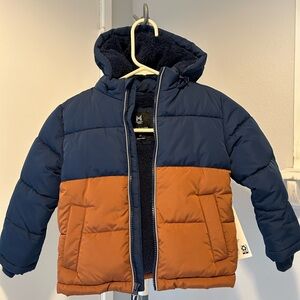 Kids Navy and Brown Puffer with removable hood